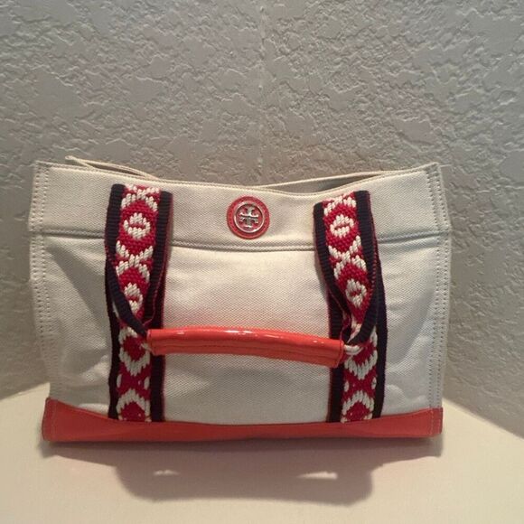 Tory Burch Canvas Tote Bag Neutral Blue Red Boho Strap Coastal Beach Vacation - Picture 2 of 12